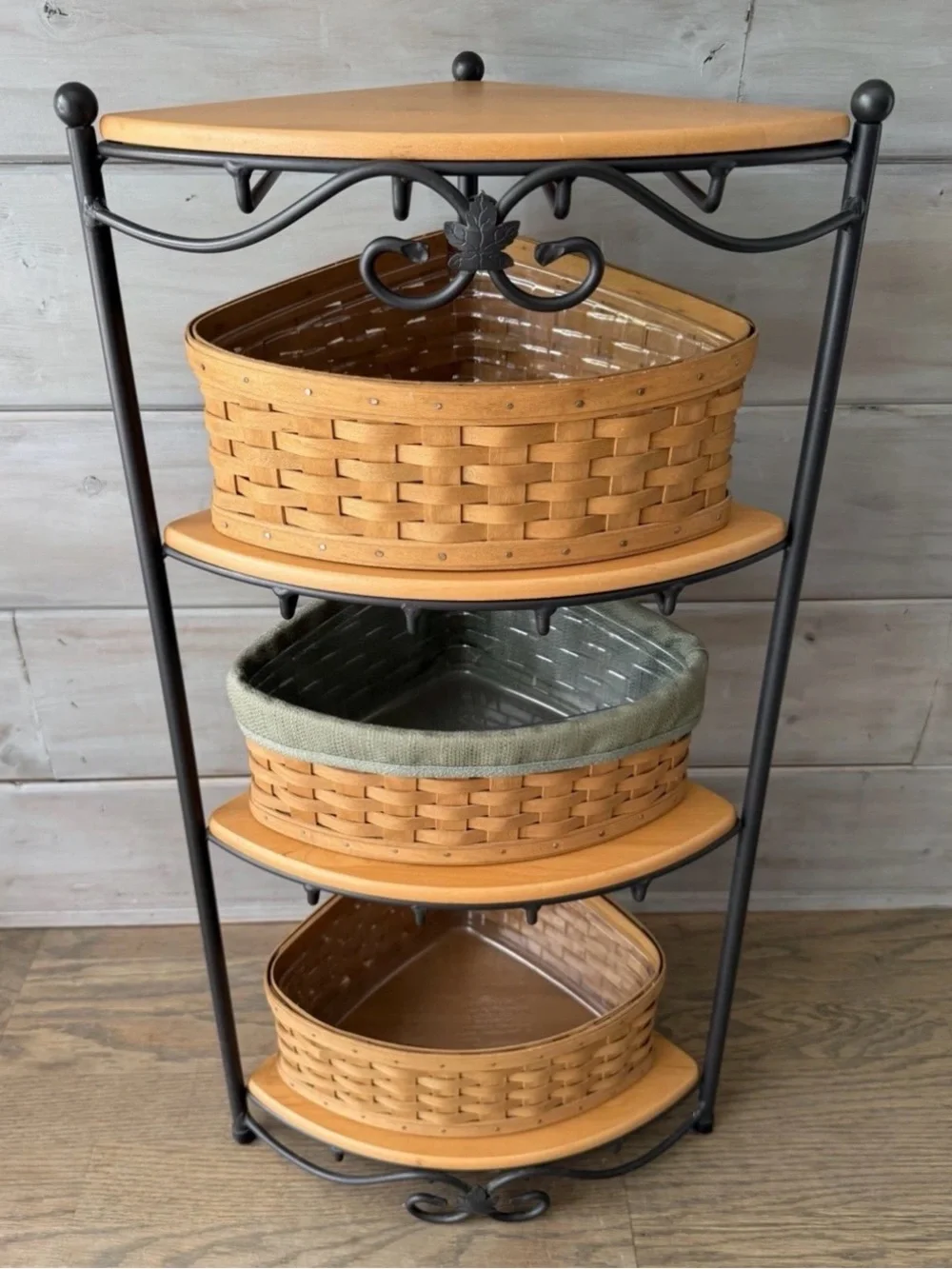 Longaberger Wrought Iron Large Corner Rack Stand & 4 woodcrafts shelves & Basket
